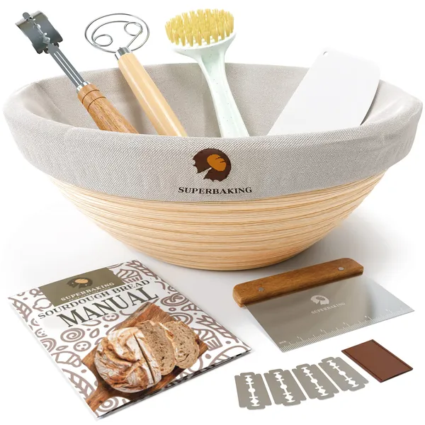 Superbaking Banneton Bread Proofing Basket Set, Round 9" Sourdough Proofing Basket for Bread Making Tools Supplies, Banneton Basket Sourdough Bread Baking Supplies, Proofing Baskets for Bread Baking