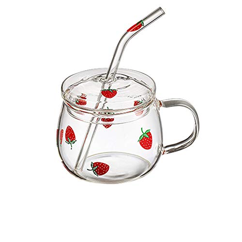 JHNIF 10 Oz Lovely Strawberry Clear Glass Mug with Lid and Straw. - Mug