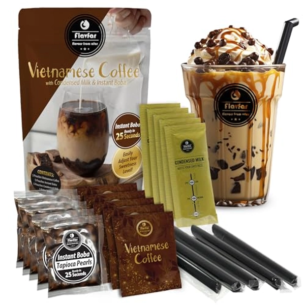 Flavfar Vietnamese Coffee with Instant Tapioca Pearls - Authentic Vietnamese Coffee Bubble Tea Kit with Coconut Flavfor & Sweetened Condensed Milk | 5 Pack (Vietnamese Coffee)