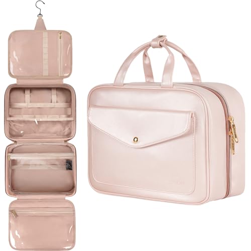 Toiletry Bag, Hanging Travel Makeup Bag for Women, Large Waterproof Cosmetic Bags Travel Organizer Full Sized Container with Elastic Band Holders for Toiletries, Cosmetics, Brushes, Bottle, Pink - Pink