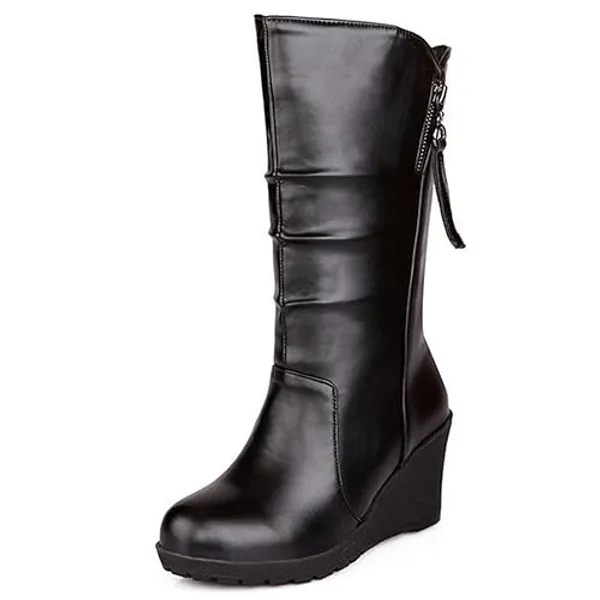 XINXINIO Round Toe Mid-Calf Boots with Wedge Heel for Women