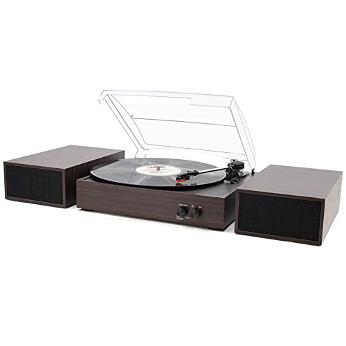 LP&No.1 Wireless Turntable with Stereo Bookshelf Speakers, 3 Speed Vintage Belt-Drive Turntable with Wireless Playback & Auto-Stop & Wireless Input,Brown Wood - Brown Wood