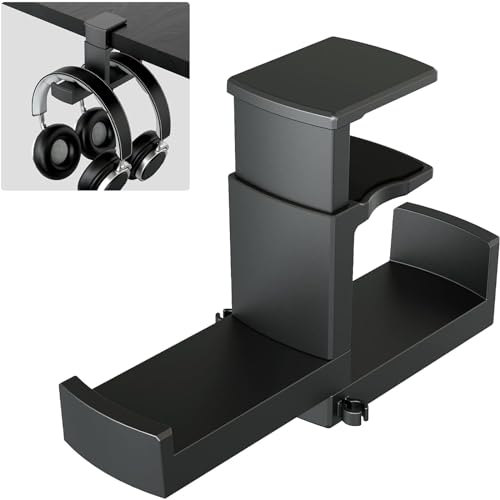Dual Headphone Stand Holder - EURPMASK 2 in 1 PC Gaming Headset Hooks, 360 Degree Rotating Headphone Hanger with Adjustable Clamp & Cable Clip Organizer, Headset Mount Under Desk Earphone Clamp-Black - Black