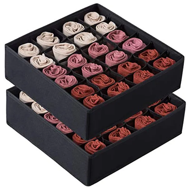 Qozary 2 Pack Socks Underwear Drawer Organizer Divider, 24 Cell or 16 Cell Collapsible Cabinet Closet Organizer Storage Boxes for Clothes, Socks, Lingerie, Underwear, Ties (Black, 24+24 Cell)