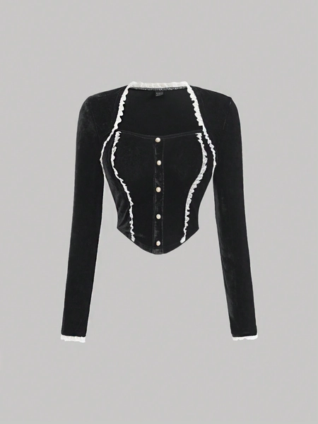 SHEIN MOD Maglietta Cropped Da Donna Con Blocchi Di Colore, Fronte Con Bottoni