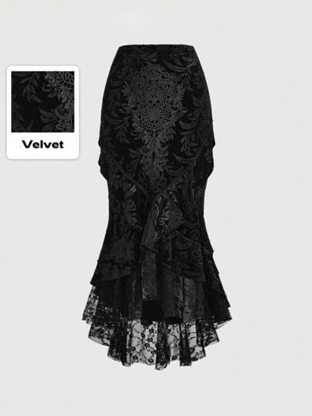 ROMWE Goth Elegant And Luxurious Palace Style Lace Applique Decorated Skull Embossed Velvet Spliced Lace Hem Women's Mermaid Skirt