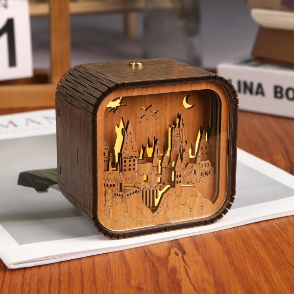 Mothers Day Gift Custom Wooden Magic School Engraved 3D Night Light Music Box LED Lamp Wooden Anime Music Box Gift Anniversary Gift for Her