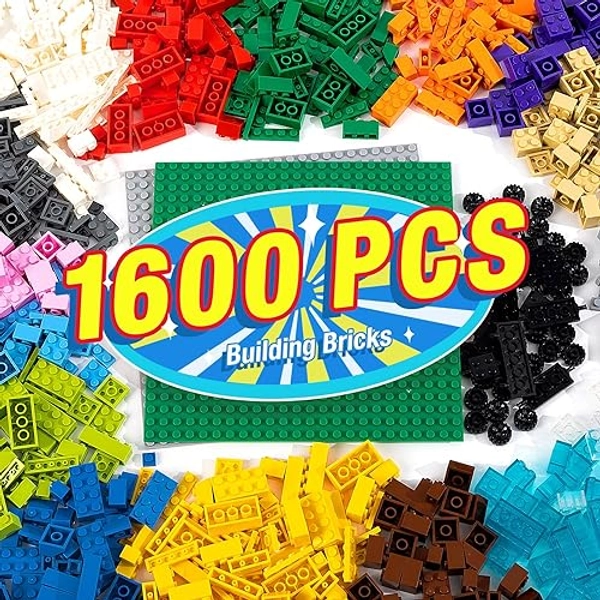 1600 Pieces Building Bricks, Building Bulk Block with 2 Packs 24x24 Studs Sticky Plate and 46PCS Wheel Accessory - 100% Compatible with Lego Bricks, Christmas Gfit for Kid - 18 Shape/16 Color