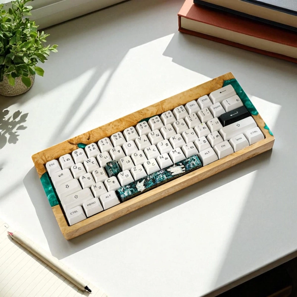Handmade Ash Wood & Emerald Resin Keyboard Case: Artisan Desk Decor