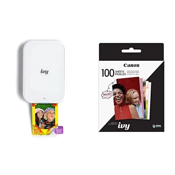 Canon IVY 2 Mini Photo Printer, Print from Compatible iOS & Android Devices, Sticky-Back Prints, Pure White + Canon ZINK™ Sticky Back Photo Paper Pack (100 Sheets) - Ivy 2 - White - Printer + 100 Sheets