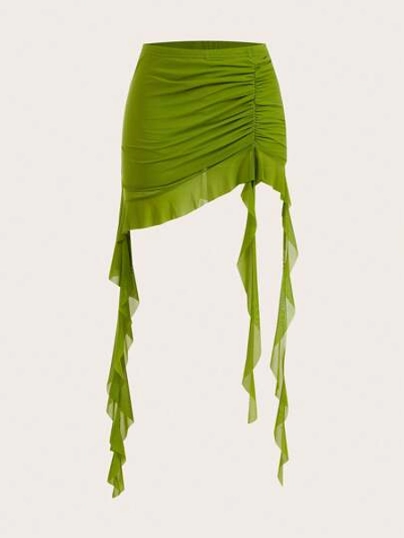 Sweetina Spring Ruched Ruffle Trim Ruffle Hem Mesh Black Skirt