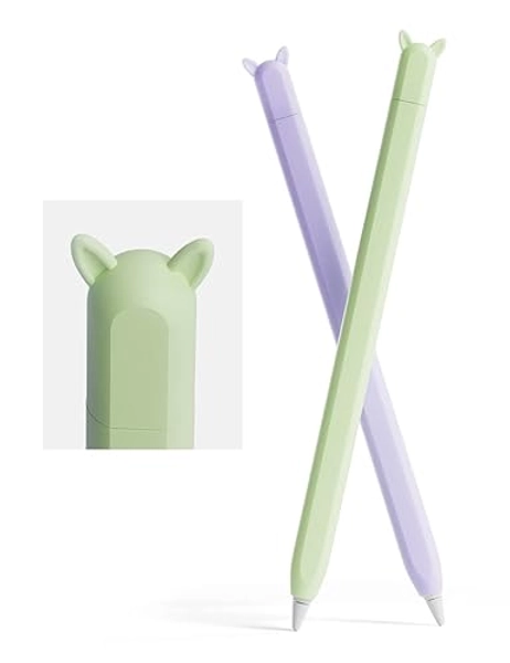 2 Pack Cute Ear Case Silicone Skin Cover Compatible with Apple Pencil 2nd Generation Accessories Compatible with iPad Pro 11 12.9 inch,Purple&Green