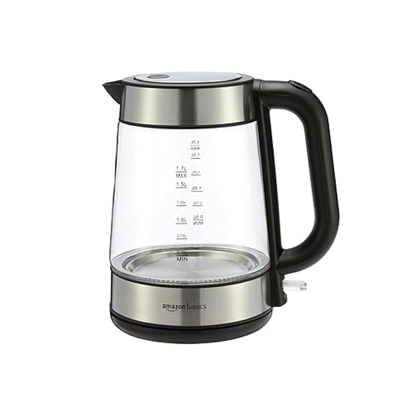 Amazon Basics Glass Carafe Electric Hot Water Kettle, 1.8 Quarts (1.7L), 1500W, BPA-Free, Black and Silver
