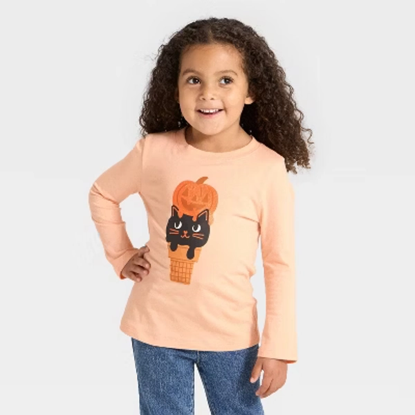 Toddler Girls' Long Sleeve Halloween Graphic T-Shirt - Cat & Jack™ Apricot Orange 3T
