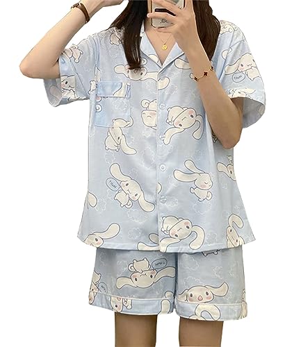 WANHONGYUE Kawaii Cartoon Pajamas for Women Girls Sleepwear Loungewear Short Sleeve Shirt with Shorts 2 Piece Pajama Sets - L - Blue-1