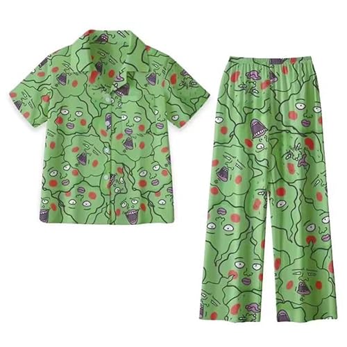Xinchangda Mob Psycho 100 Pyjamas Anime Dimple Quirky Green Pyjamas Set Kageyama Shigeo Universal Casual Breathable Home Clothing - L - Short Sleeve Top + Trousers Set