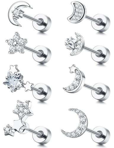 Morfetto Moon and Star Flat Back Earrings Cartilage Helix Earrings 20G Surgical Steel Earrings Cute Earrings Helix Tragus Piercing Jewelry - Silver