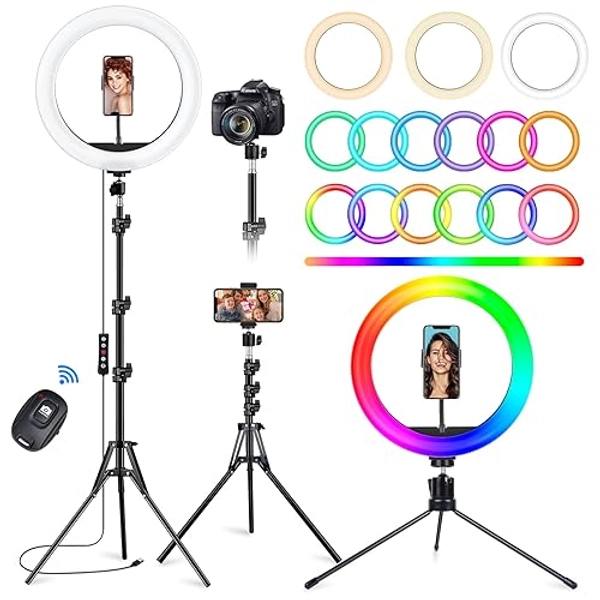 STALLY 10.2" Ring Light with Stand, 75" Tall Ring Light with Phone Holder and Wireless Remote, 12 Dimming Levels, 32 Color Modes LED Ring Light Tripod for iPhone, Live Stream, Makeup, YouTube, TikTok