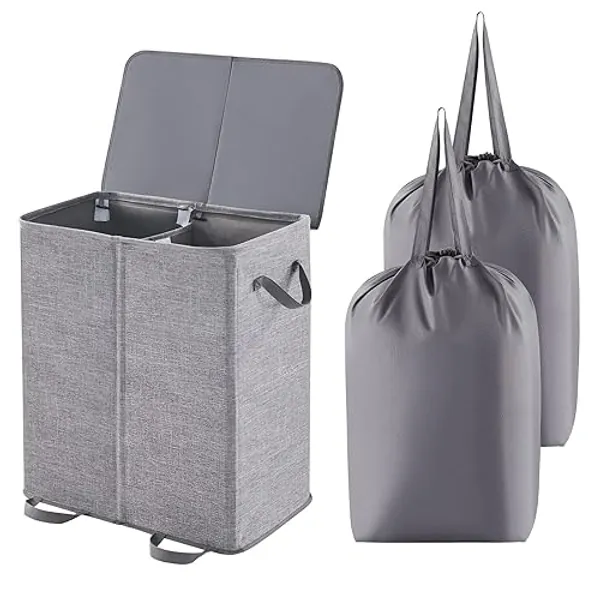 Lifewit Double Laundry Hamper with Lid and Removable Laundry Bags, Large Collapsible 2 Dividers Dirty Clothes Basket with Handles for Bedroom, Laundry Room, Closet, Bathroom, College, Grey - Grey - 136L