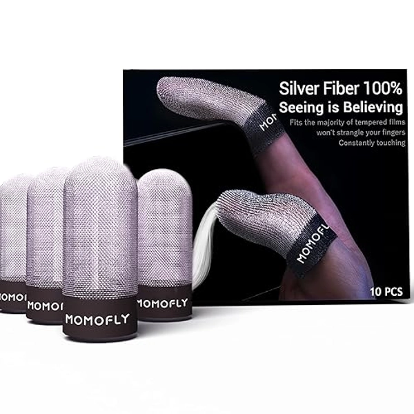 MOMOFLY Gaming Finger Sleeves,Customized for American Finger Sizes,100% Visible Silver Fibers,Just Right Pressure/Breathable/Sweatproof,Silver Bullet Ⅰfor COD Mobile PUBG Gaming Glove（10P） (M)
