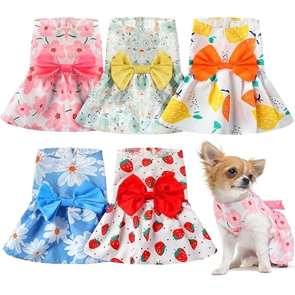 5 Pieces Dog Clothes Girl Dog Dresses Small Floral Puppy Dresses Pet Cat Princess Bowknot Clothes Cute Puppy Summer Outfits for Yorkie Female Cat Small Pets, 5 Styles(Cute Style,Small)