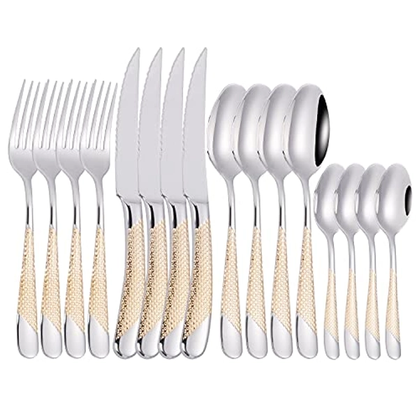Zerophilo 16 Piece Silverware Set,Stainless Steel Flatware Set Spoon and Fork Set for 4,Kitchen Utensil Cutlery Set Mirror Finish Dishwasher Safe Gift Package (gold)