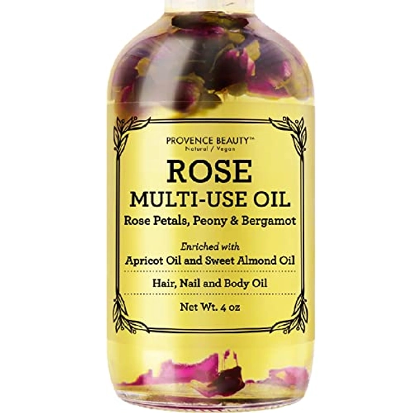 Provence Beauty Rose Multi-Use Oil for Face, Body and Hair - Organic Blend of Apricot, Vitamin E and Sweet Almond Oil Moisturizer for Dry Skin, Scalp & Nails - Rose Petals & Bergamot Essential Oil - 4 Fl Oz