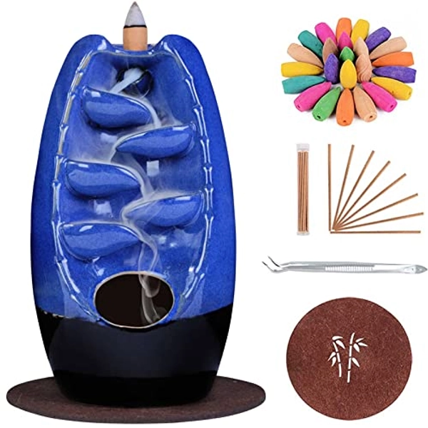 SPACEKEEPER Ceramic Backflow Incense Holder Burner Waterfall, Aromatherapy Ornament Home Decor with 120 Cones + 30 Stick, Navy