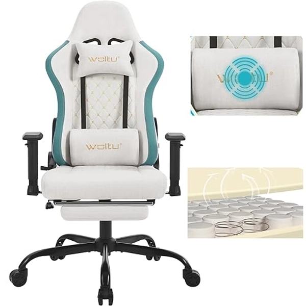 WOLTU Chaise Gaming Massante, Fauteuil Gaming, avec Coussin Lombaire Massant, Siège Large à Ressorts, Chaise Ergonomique avec Appui-tête, Repose-Pieds, Charge 150kg, Tissu Technique, Blanc, GS09bws