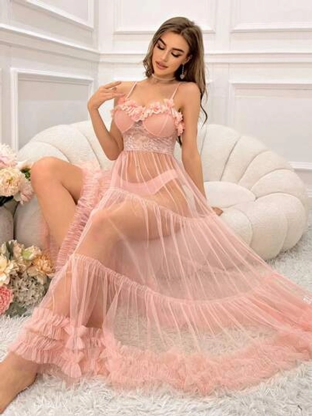 Mehrlagiges Mesh-Perspektiv Nachtwäsche Kleid dekoriert mit 3D Blumen Spitze Langes Kleid, perfekt für Sommer, Urlaub