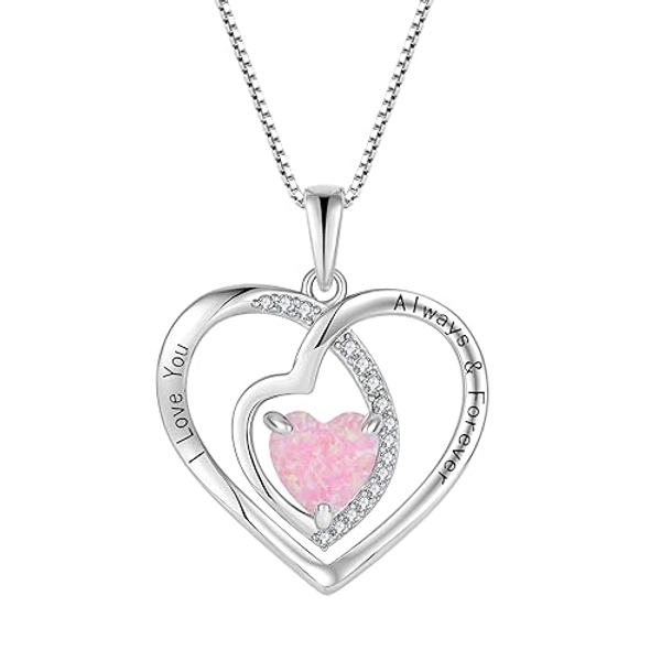 JO WISDOM Collier pour femme en argent 925, pendentif en opale de feu avec zircone 3A gravé « Ich liebe dich immer und für immer », bijoux pour femme, mère et femme