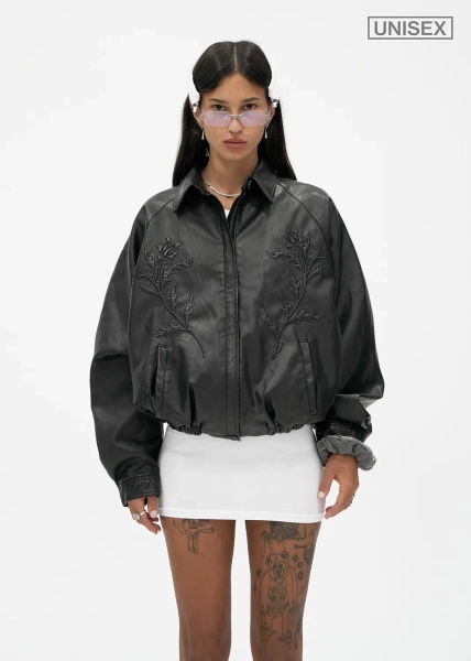 ROSES EMBOSSED LEATHER JACKET IN BLACK