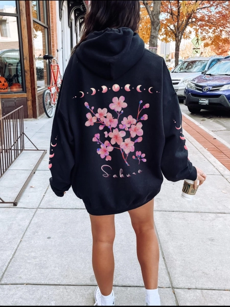 Sakura Cherry Blossom Festival Moon Phases Hoodie, Japanese Sweatshirt, Moonphase Hoodie, Japan Gift, Aesthetic Sweatshirt, Sleeve Print