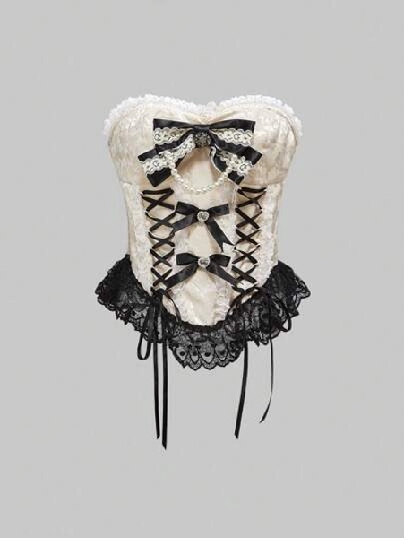 ROMWE Kawaii Blusa corta de corte halter con lazo de perla y estilo romántico retro palaciego para mujeres