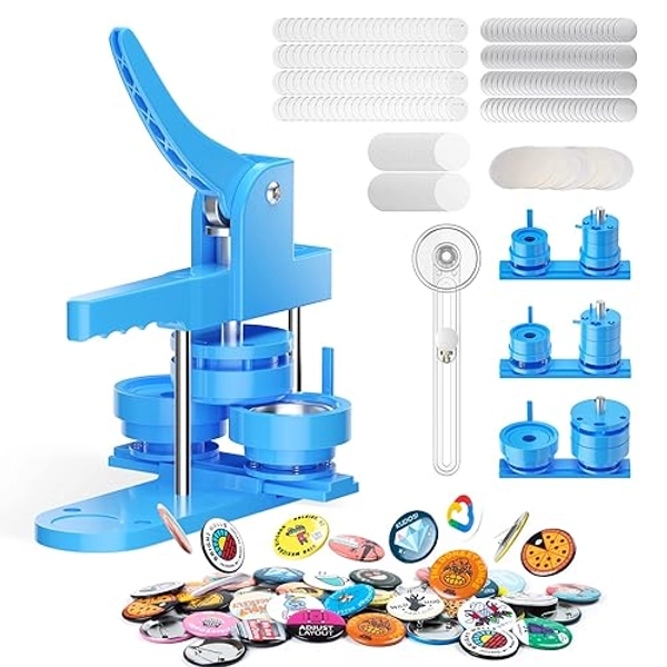 Button Maker Machine Multiple Sizes 1''+1.25''+2.25'' Button Pin Maker 300pcs Badge Button Press Machine with Button Parts&Circle Cutter&Picture(Blue)