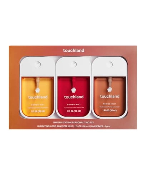 Touchland Hydrating Hand Sanitizer Spray, Limited Edition SEASONAL 3-PACK (Caramel, Pumpkin, Peppermint), Hydrating Mist, 1FL OZ Travel Size