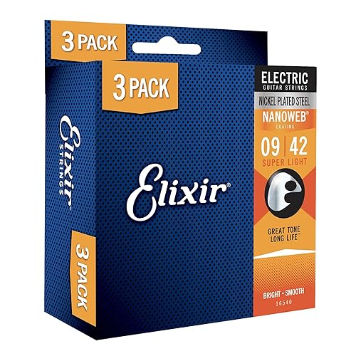 Elixir Strings Electric Guitar Strings with NANOWEB Coating, 3 Pack, Super Light .009-.042 (16540) - Guitar Strings - Super Light (.009-.042)