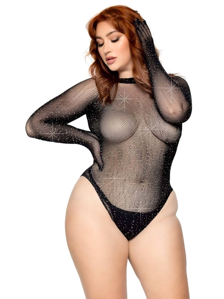 Rhinestone Snap Crotch Gloved Bodysuit - 1x-2x -  Black