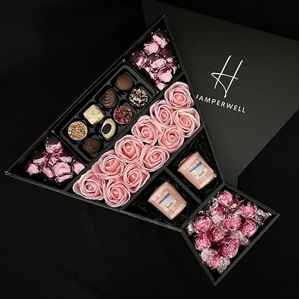 Lindt Lindor & Yankee Scented Votive Candle Signature Chocolate Hamper with Pink Roses in a Luxury Presentation Box