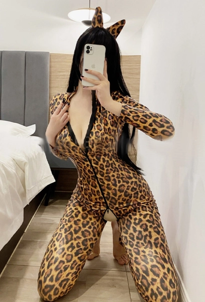 Sexy Lingerie Bodysuit Leopard Print Long Sleeves Zipper Open Crotch One-Piece Jumpsuit with Headband