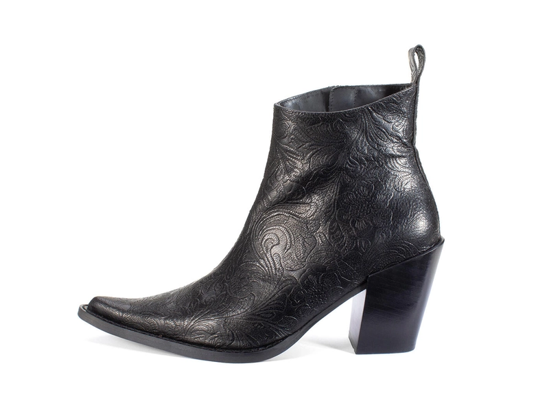Joan - Black Emboss | Asymmetrical Ankle Boots | Fluevog Shoes
