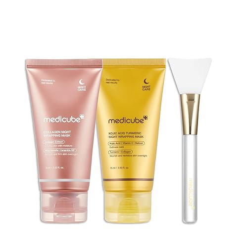 medicube Viral Glass Glow Overnight Wrapping Mask Duo: Collagen Overnight Wrapping Peel Off Facial Mask Pack and Turmeric Overnight Wrapping Peel Off Mask and Jelly Brush