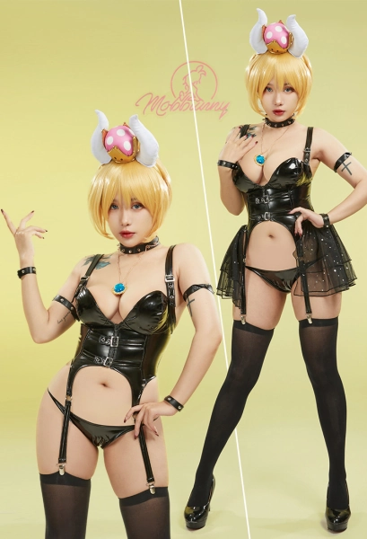 Halloween Women Hime Bowser Princess Derivative Sexy Lingerie Set with Headpiece Choker Thong and Stockings