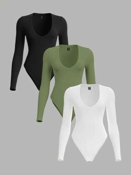 SHEIN BASICS Set de 3 bodys de mujer de manga larga con escote de corazón, unicolor y ajustado, de estilo casual