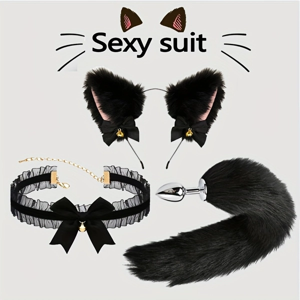 3-delige Sexy Nepbont Vossenstaart Butt Plug Set, Kattenoor Haarband Strik Belkraag Anal Draag Seks Speeltjes voor Vrouwen en Stellen Halloween Kostuumfeest Rolspel