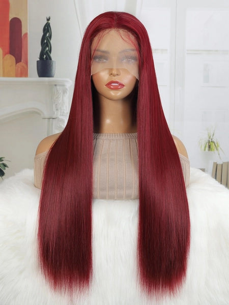 Synthetic Wigs 28 Inches Burgundy 99J# Straight Lace Front Wigs Natural Hairline With Baby Hair Synthetic Hair 13x2.5 Lace Frontal Wigs Synthetic Hair For Women Daily Party Wear
