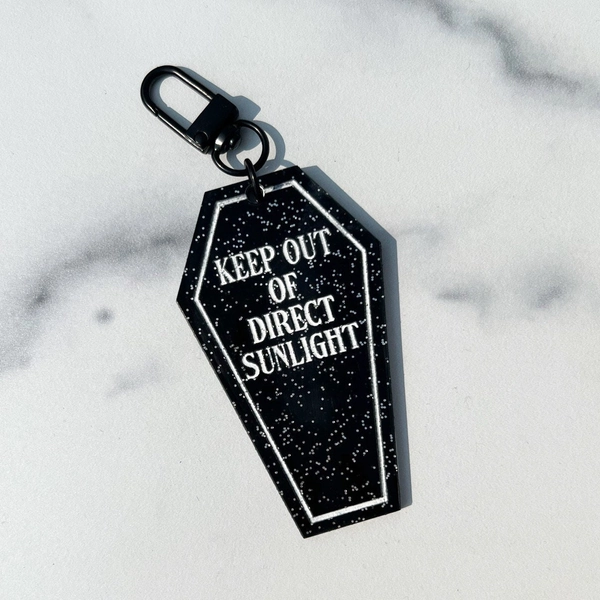 Keep Out Of Direct Sunlight Black Glitter Coffin Keychain, Cute Retro style Keychain Gift, Coffin Keychain