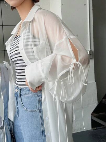 FRIFUL Camisa Feminina de Manga Longa Leve de Verão com Ombro Caído e Detalhe de Amarração em Renda Transparente
