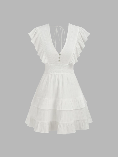 V-neck Shirred Layered Ruffle Hem Solid Mini Dress