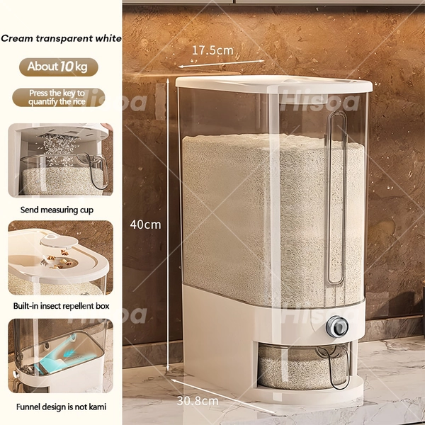 Hisoa 10KG Auto Rice Dispenser | Sealed Anti-Insect/Damp Storage | Measuring Cup & One-Touch Design